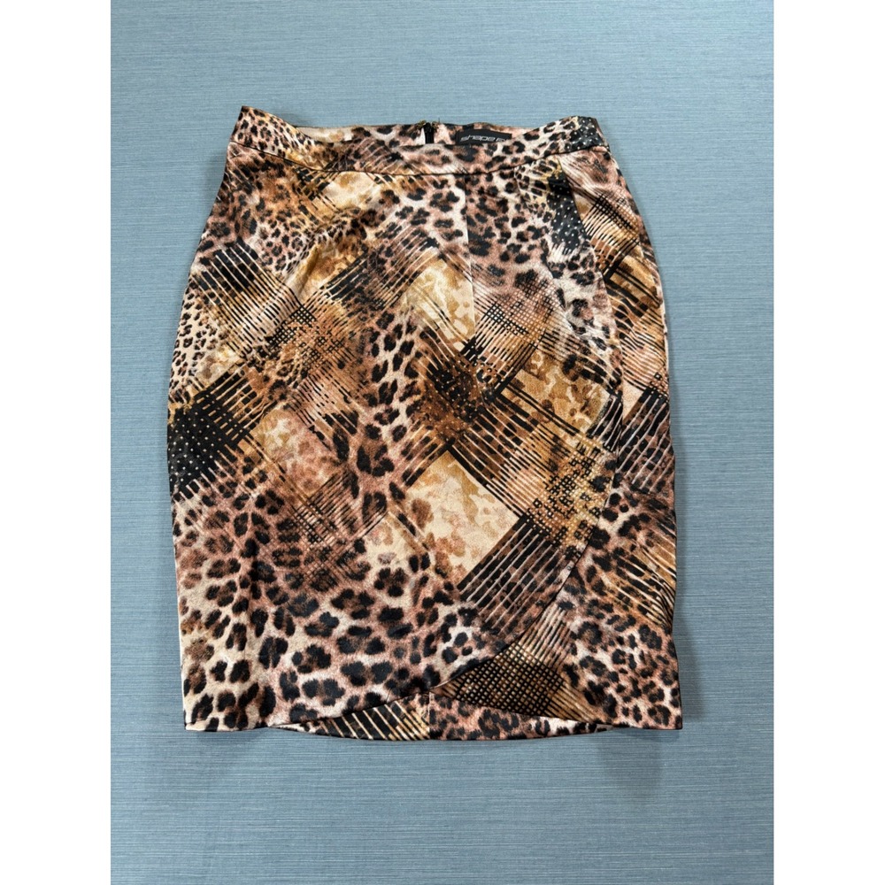 Shape FX Pencil Skirt Womens 4 Brown Leopard Print Shapewear Wrap Front Skirt